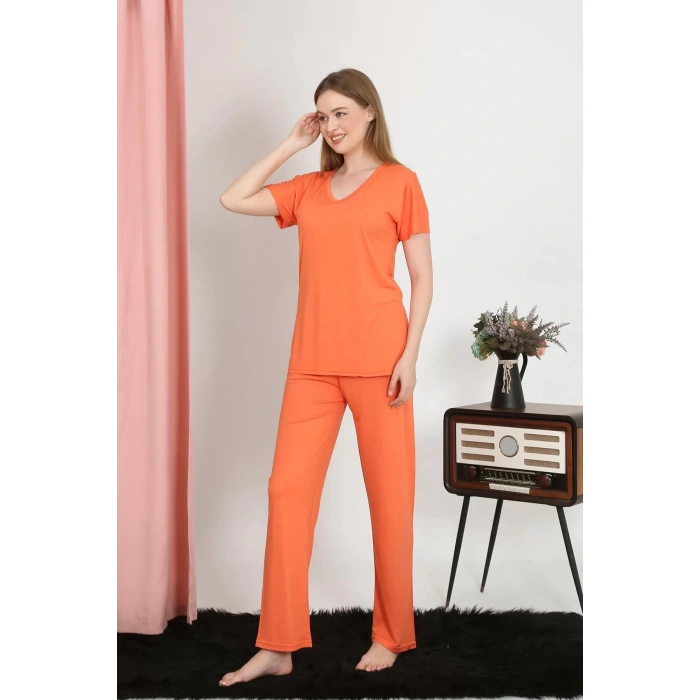 Moda Kadın Kısa Kol Pamuk Penye Pijama Takım Turuncu