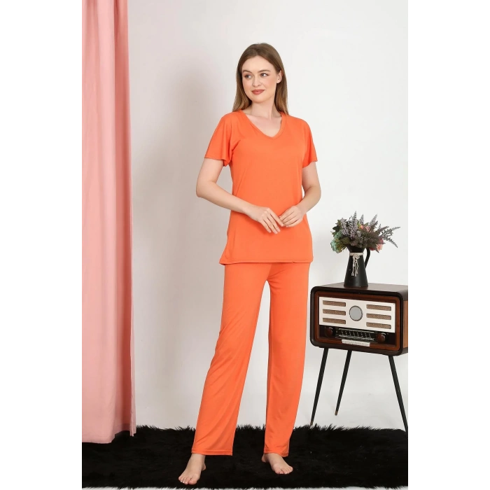 Moda Kadın Kısa Kol Pamuk Penye Pijama Takım Turuncu