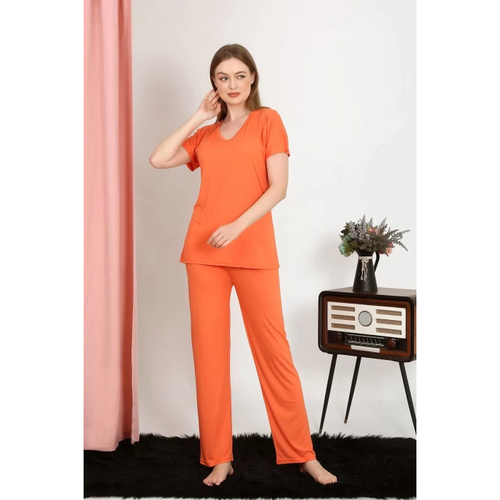 Moda Kadın Kısa Kol Pamuk Penye Pijama Takım Turuncu