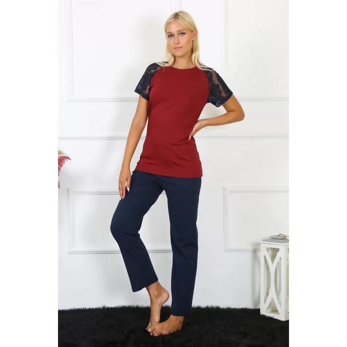 Moda Kadın Kolu Dantelli Penye Pijama Takım Bordo