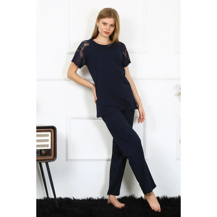 Moda Kadın Kolu Dantelli Penye Pijama Takım Lacivert