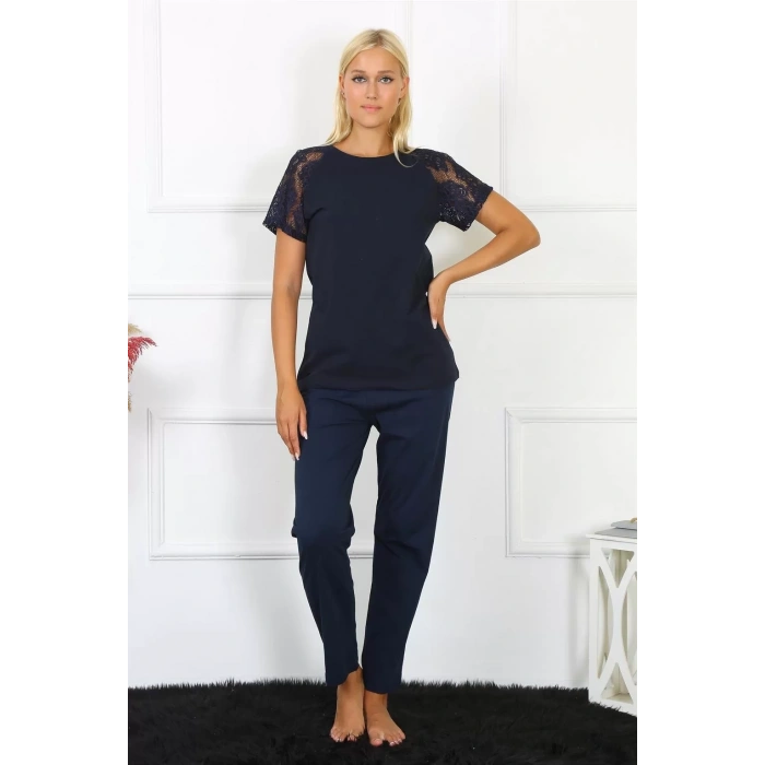 Moda Kadın Kolu Dantelli Penye Pijama Takım Lacivert