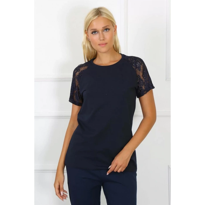 Moda Kadın Kolu Dantelli Penye Pijama Takım Lacivert