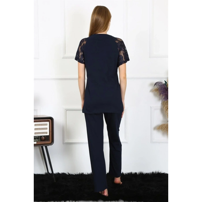 Moda Kadın Kolu Dantelli Penye Pijama Takım Lacivert