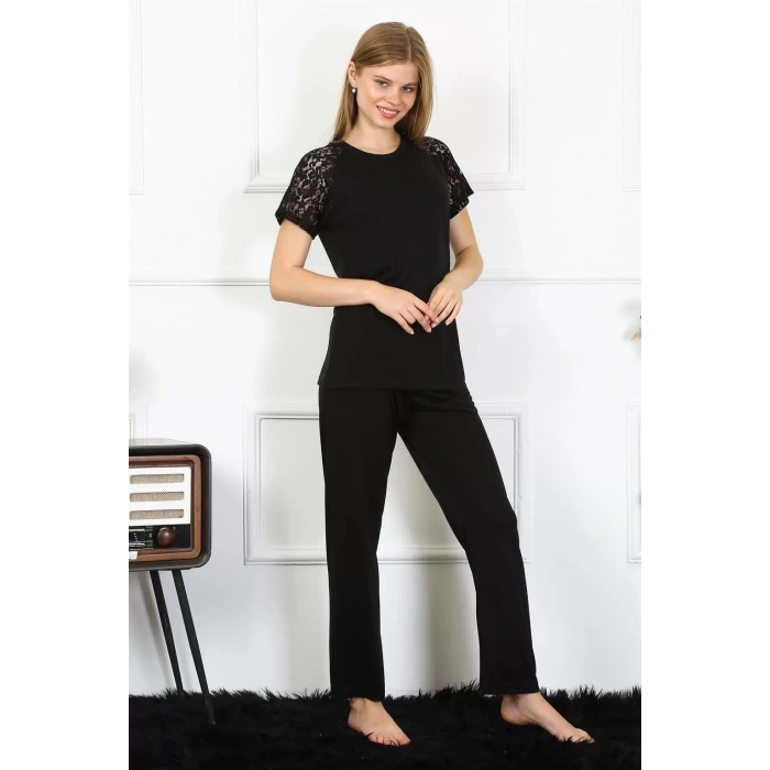 Moda Kadın Kolu Dantelli Penye Pijama Takım Siyah