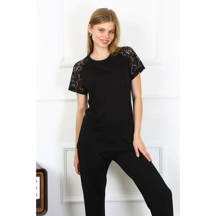 Moda Kadın Kolu Dantelli Penye Pijama Takım Siyah