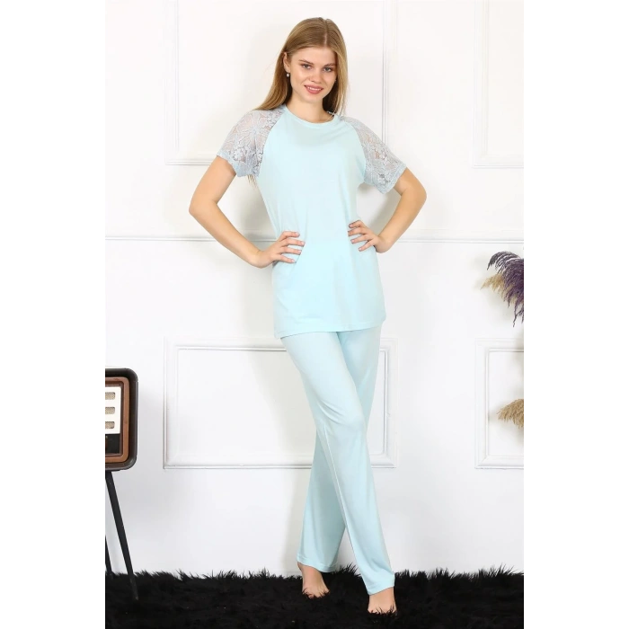 Moda Kadın Kolu Dantelli Penye Pijama Takım Su Yeşili