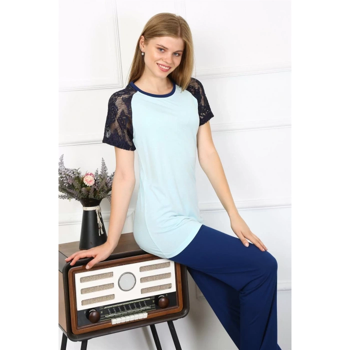 Moda Kadın Kolu Dantelli Penye Pijama Takım Su Yeşili
