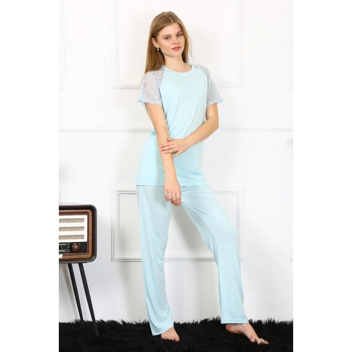 Moda Kadın Kolu Dantelli Penye Pijama Takım Su Yeşili