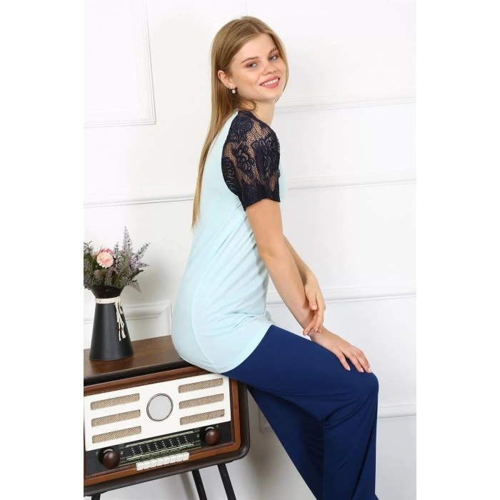 Moda Kadın Kolu Dantelli Penye Pijama Takım Su Yeşili