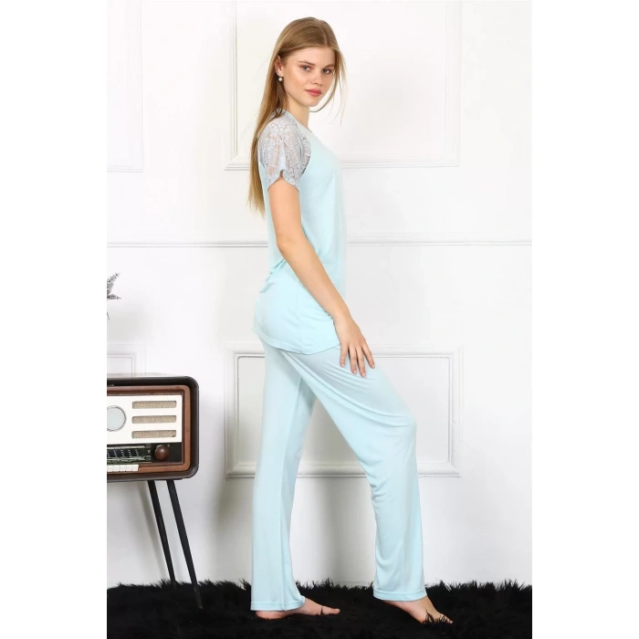 Moda Kadın Kolu Dantelli Penye Pijama Takım Su Yeşili