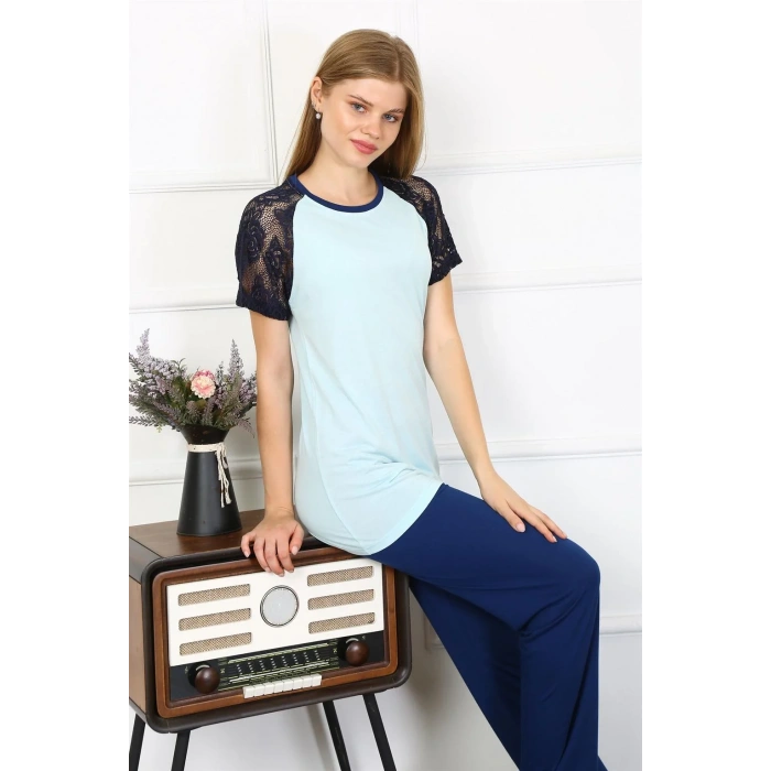 Moda Kadın Kolu Dantelli Penye Pijama Takım Su Yeşili