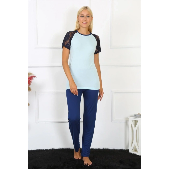 Moda Kadın Kolu Dantelli Penye Pijama Takım Su Yeşili