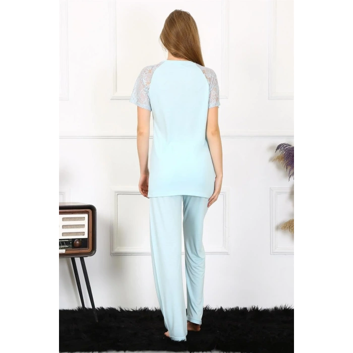 Moda Kadın Kolu Dantelli Penye Pijama Takım Su Yeşili