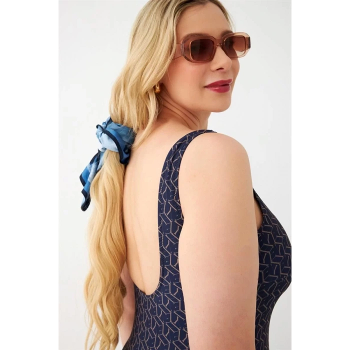 Moda Kadın Lacivert Geometrik Desenli Büyük Beden Tek Parça Mayo