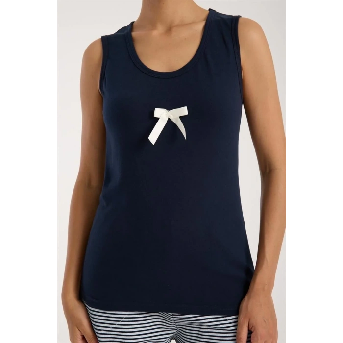 Moda Kadın Lacivert Kurdele Detaylı Çizgili Şortlu Pijama Takımı