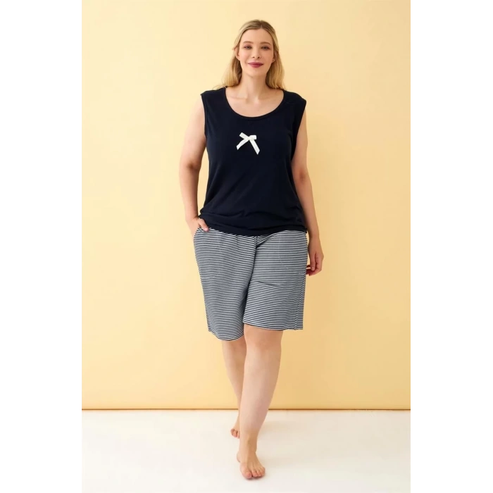 Moda Kadın Lacivert Kurdele Detaylı Şortlu Büyük Beden Pijama Takımı