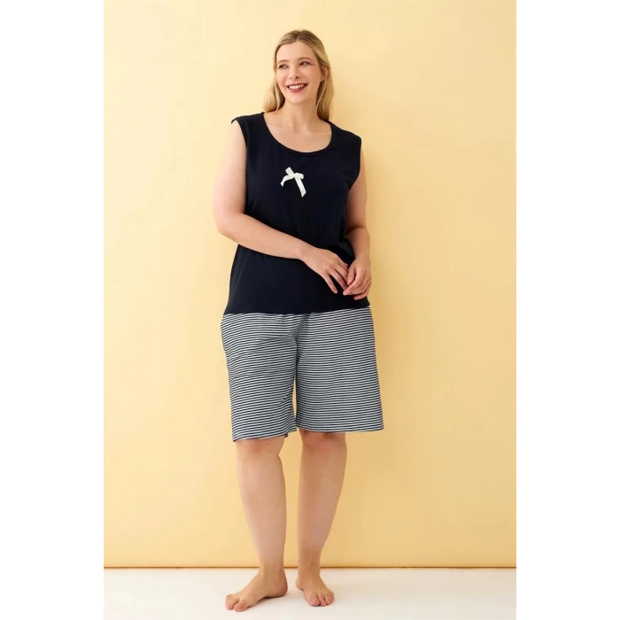 Moda Kadın Lacivert Kurdele Detaylı Şortlu Büyük Beden Pijama Takımı
