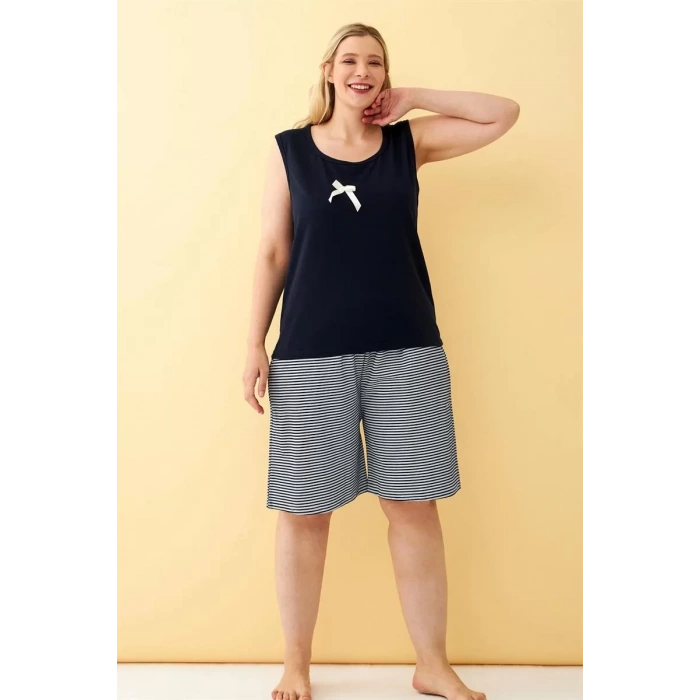 Moda Kadın Lacivert Kurdele Detaylı Şortlu Büyük Beden Pijama Takımı
