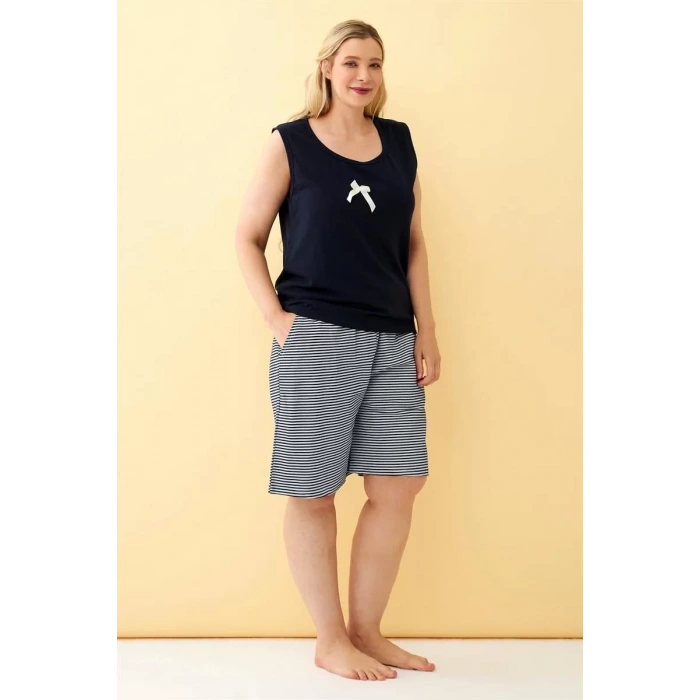Moda Kadın Lacivert Kurdele Detaylı Şortlu Büyük Beden Pijama Takımı
