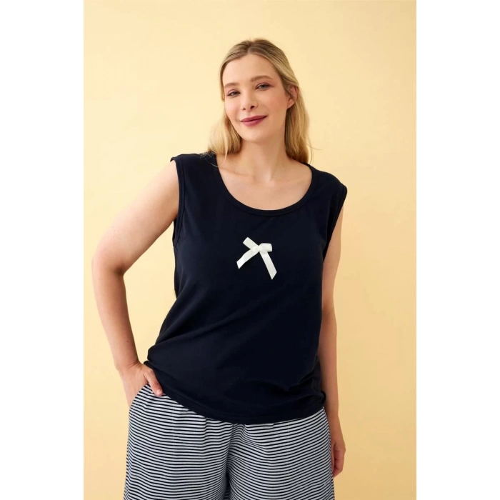 Moda Kadın Lacivert Kurdele Detaylı Şortlu Büyük Beden Pijama Takımı