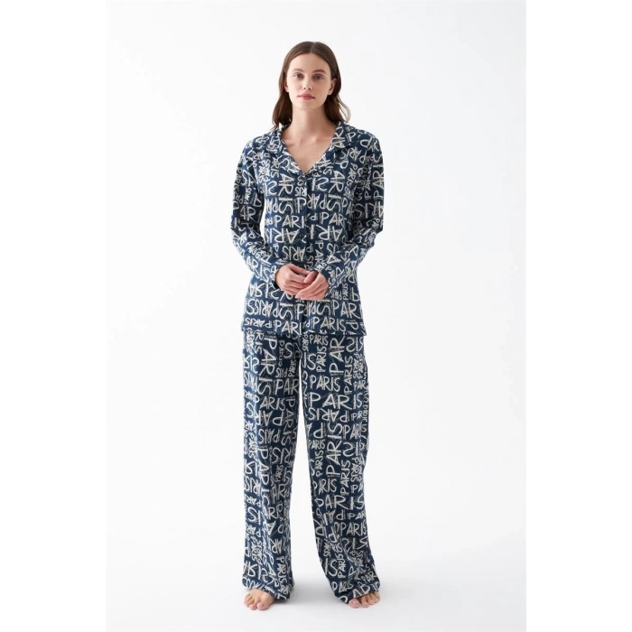 Moda Kadın Lacivert “Paris” Yazı Desenli Düğmeli Pamuklu Pijama Takımı