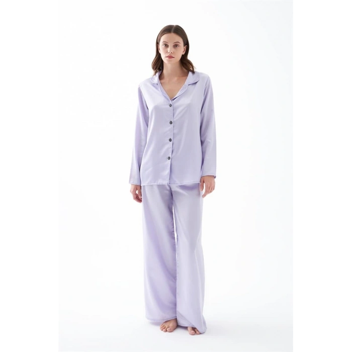 Moda Kadın Lila Oversize Saten Pijama Takımı – Rahat Kesim Şık Ev Giyim Seti