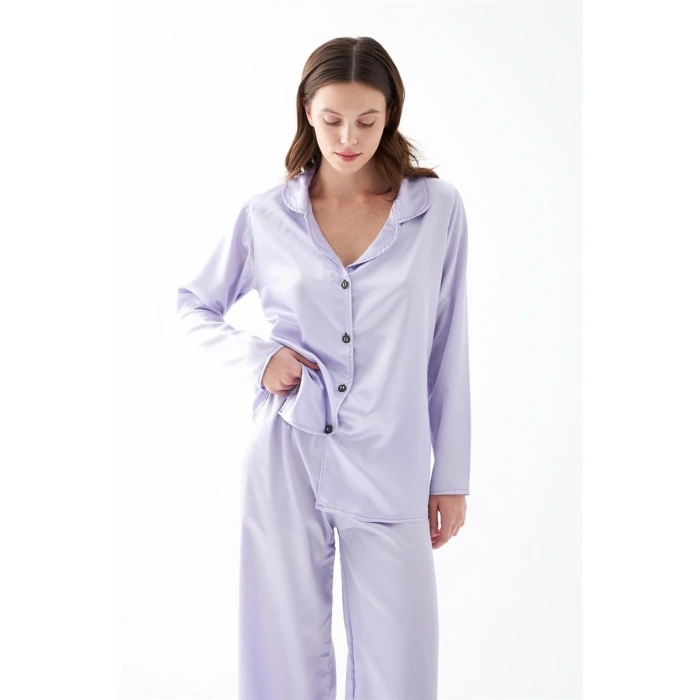 Moda Kadın Lila Oversize Saten Pijama Takımı – Rahat Kesim Şık Ev Giyim Seti