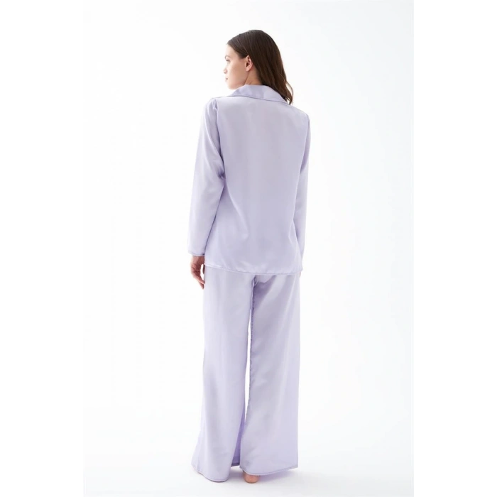 Moda Kadın Lila Oversize Saten Pijama Takımı – Rahat Kesim Şık Ev Giyim Seti