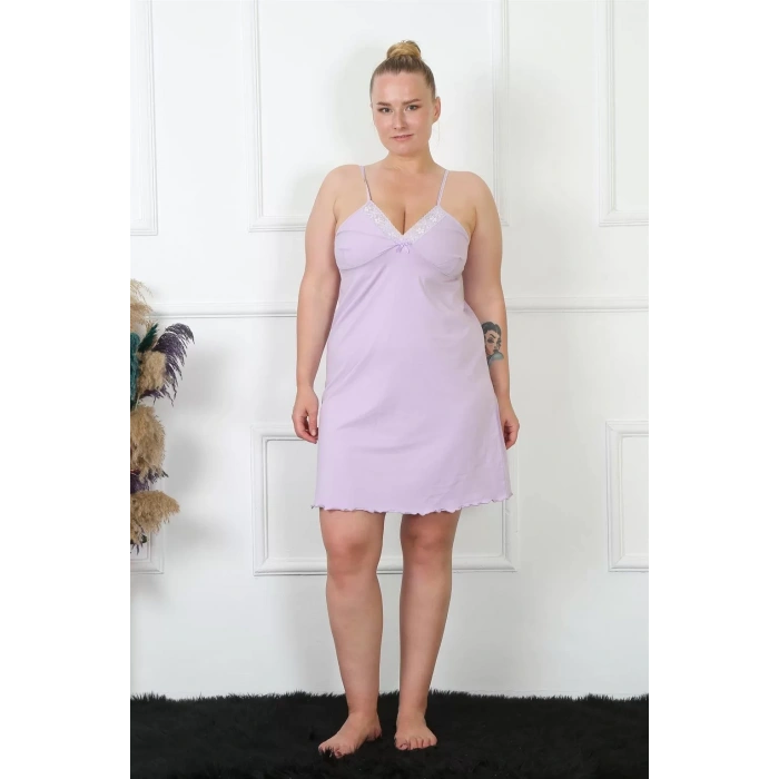 Moda Kadın Lila Pamuklu İp Askılı Büyük Beden Gecelik