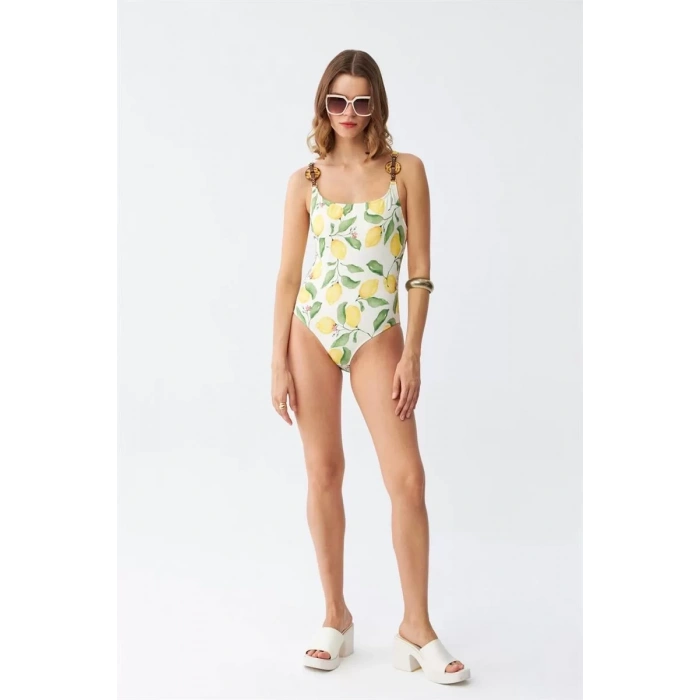 Moda Kadın Limon Desenli Aksesuar Askılı Tek Parça Mayo – Ekru