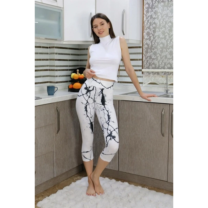 Moda Kadın Micro Desenli Dizaltı Tayt Beyaz
