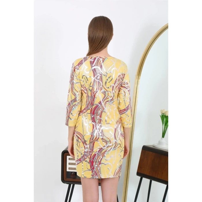 Moda Kadın Micro Kumaş Mini Parlak Elbise Sarı