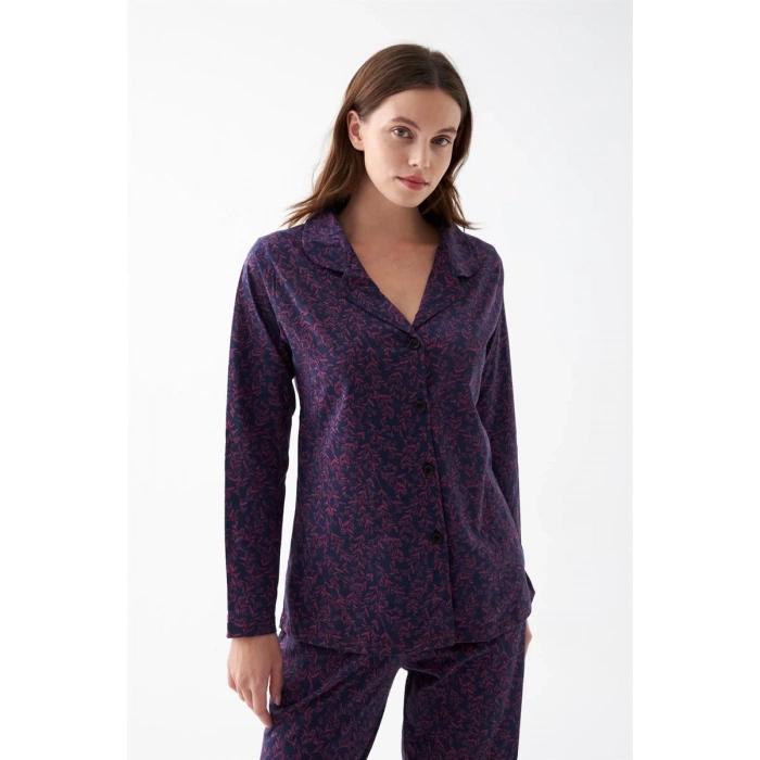 Moda Kadın Mor Düğmeli Yaka Detaylı Desenli Pamuklu Pijama Takımı