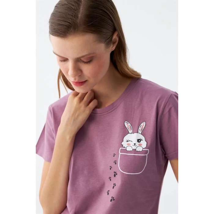 Moda Kadın Mor Patili Tavşan Baskılı Cepli Pijama Takımı