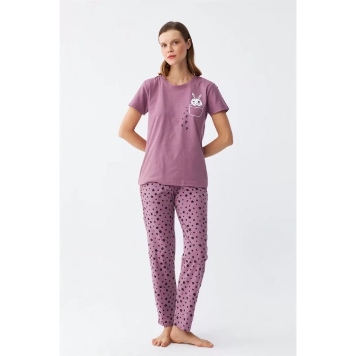 Moda Kadın Mor Patili Tavşan Baskılı Cepli Pijama Takımı