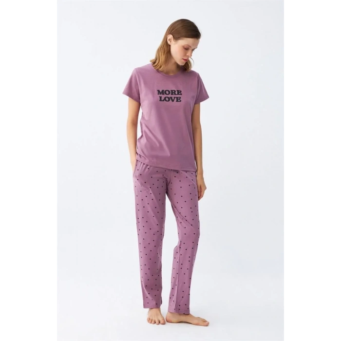 Moda Kadın Mor Yıldız Desenli Penye Kısa Kol Pijama Takımı