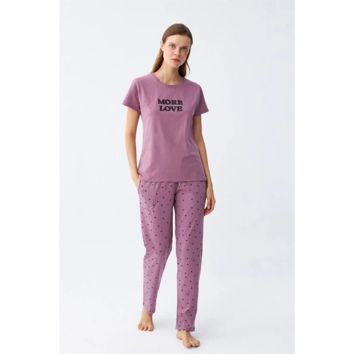 Moda Kadın Mor Yıldız Desenli Penye Kısa Kol Pijama Takımı