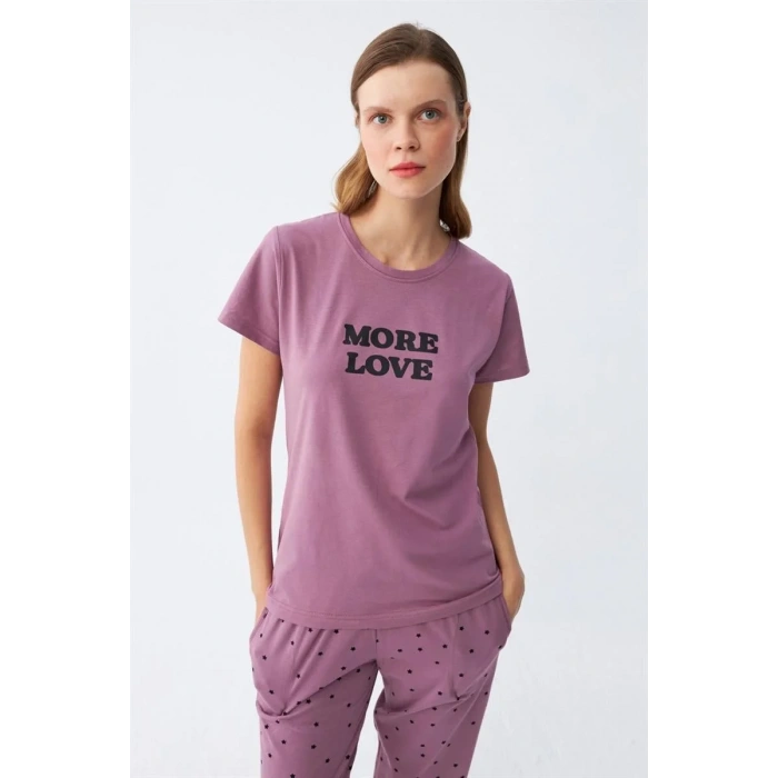 Moda Kadın Mor Yıldız Desenli Penye Kısa Kol Pijama Takımı