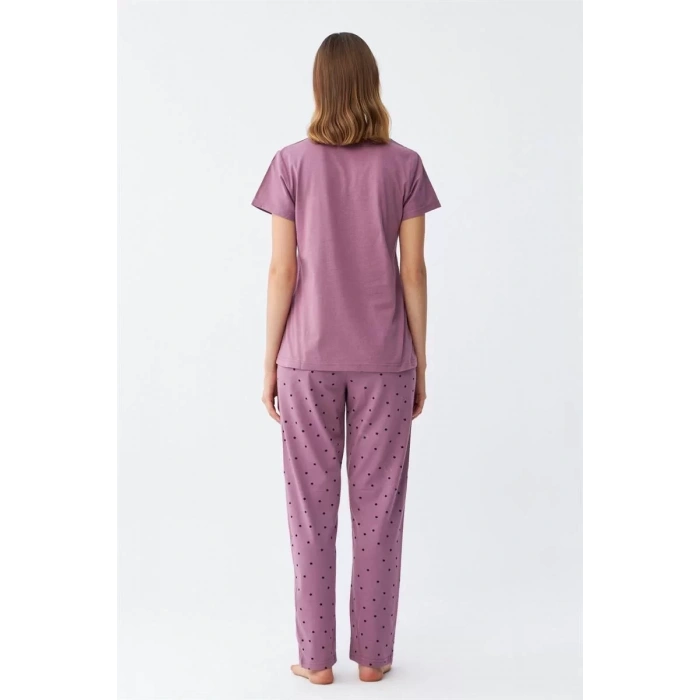 Moda Kadın Mor Yıldız Desenli Penye Kısa Kol Pijama Takımı