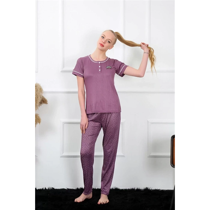 Moda Kadın Mürdüm Kısa Kol Pijama Takım