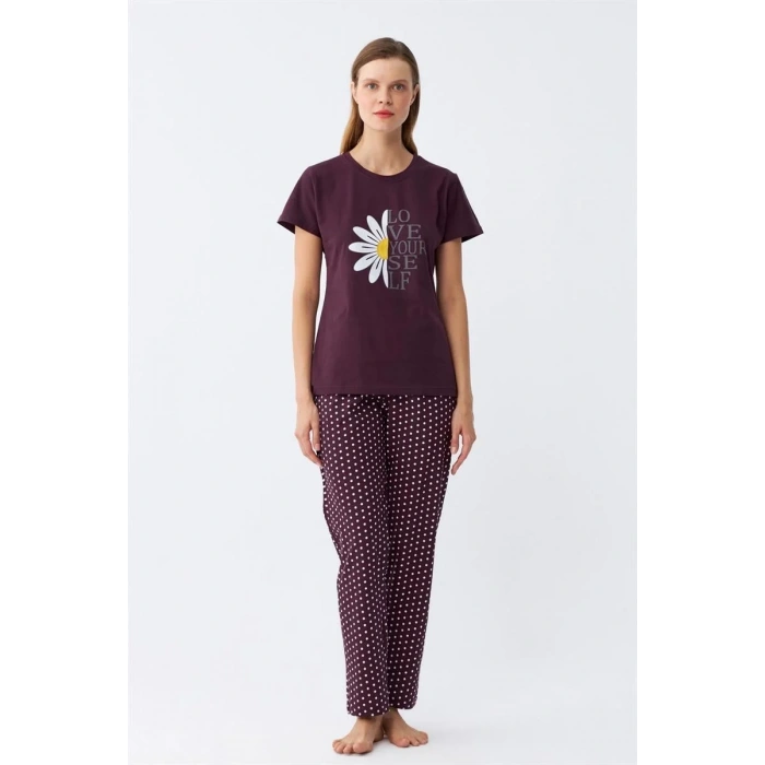 Moda Kadın Mürdüm Papatya Baskılı Kısa Kollu Penye Pijama Takımı