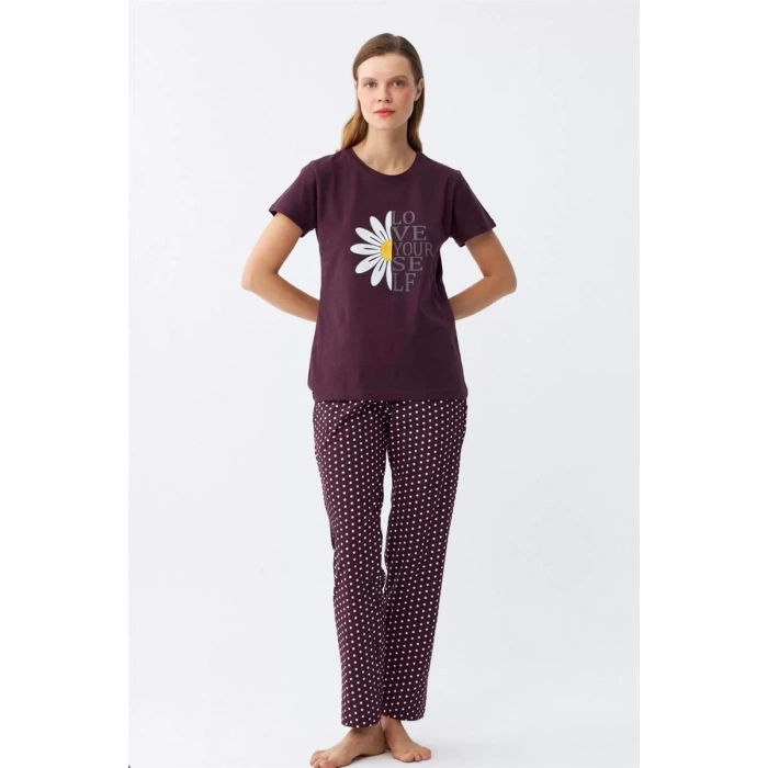 Moda Kadın Mürdüm Papatya Baskılı Kısa Kollu Penye Pijama Takımı