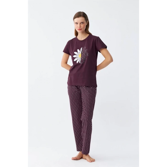 Moda Kadın Mürdüm Papatya Baskılı Kısa Kollu Penye Pijama Takımı