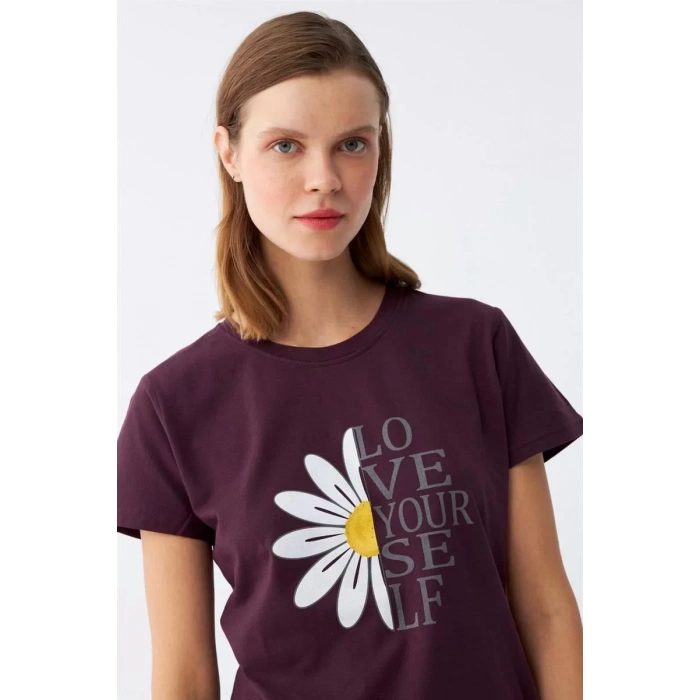 Moda Kadın Mürdüm Papatya Baskılı Kısa Kollu Penye Pijama Takımı