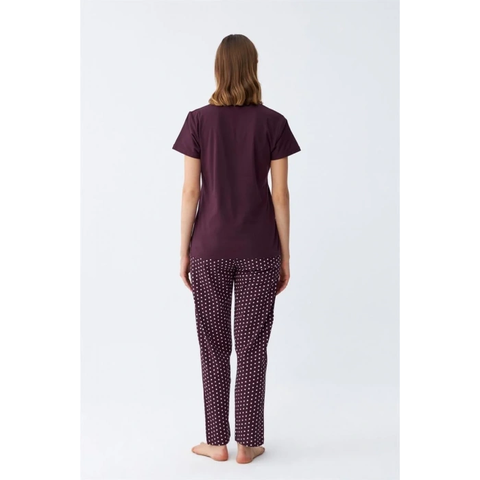 Moda Kadın Mürdüm Papatya Baskılı Kısa Kollu Penye Pijama Takımı