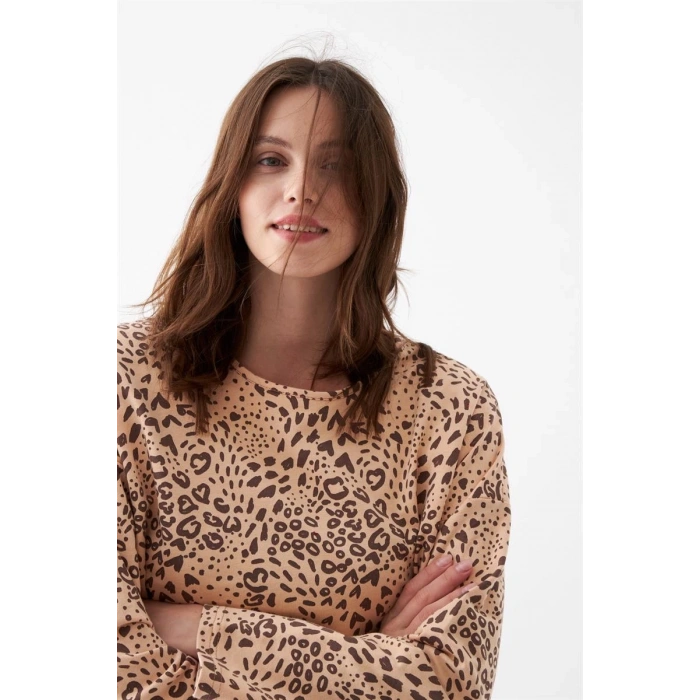 Moda Kadın Oversize Bej Leopar Desenli Pamuklu Kalın Pijama Takımı