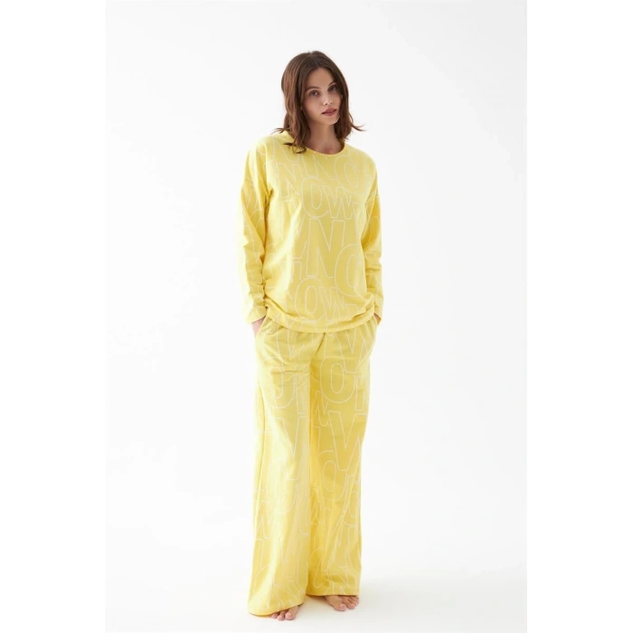 Moda Kadın Oversize Sarı Desenli Pamuklu Kalın Pijama Takımı
