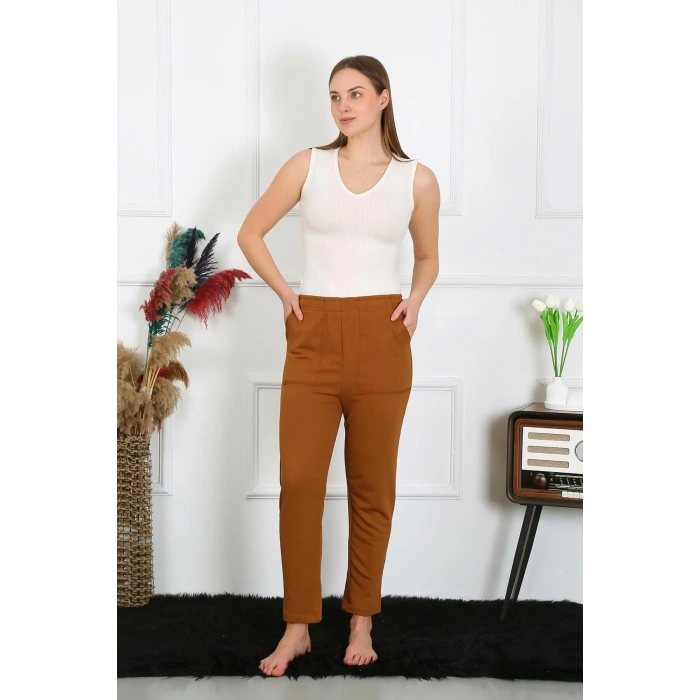 Moda Kadın Pamuk Cepli 3 İplik Alt Eşofman Kahve