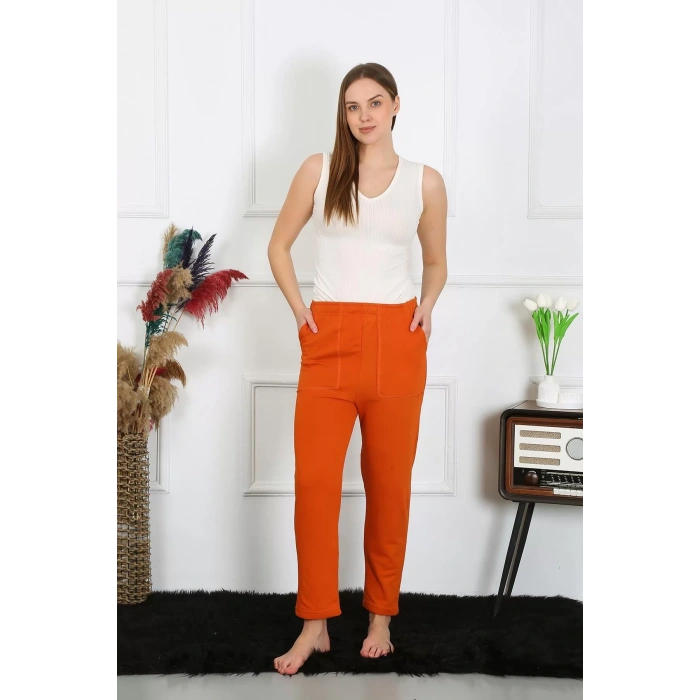 Moda Kadın Pamuk Cepli 3 İplik Alt Eşofman Kiremit